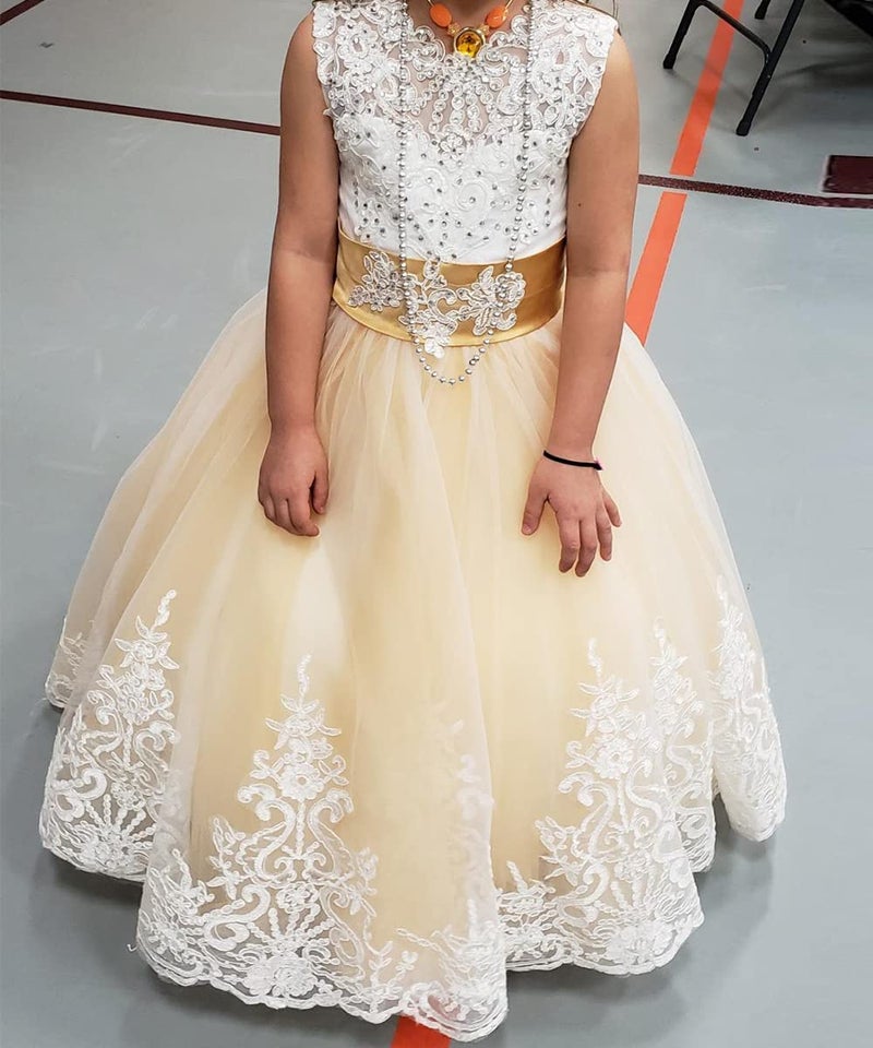 WDE Princess Gold Long Girls Pageant Dresses Kids Prom Puffy Tulle Ball Gown US 6 - Image 3